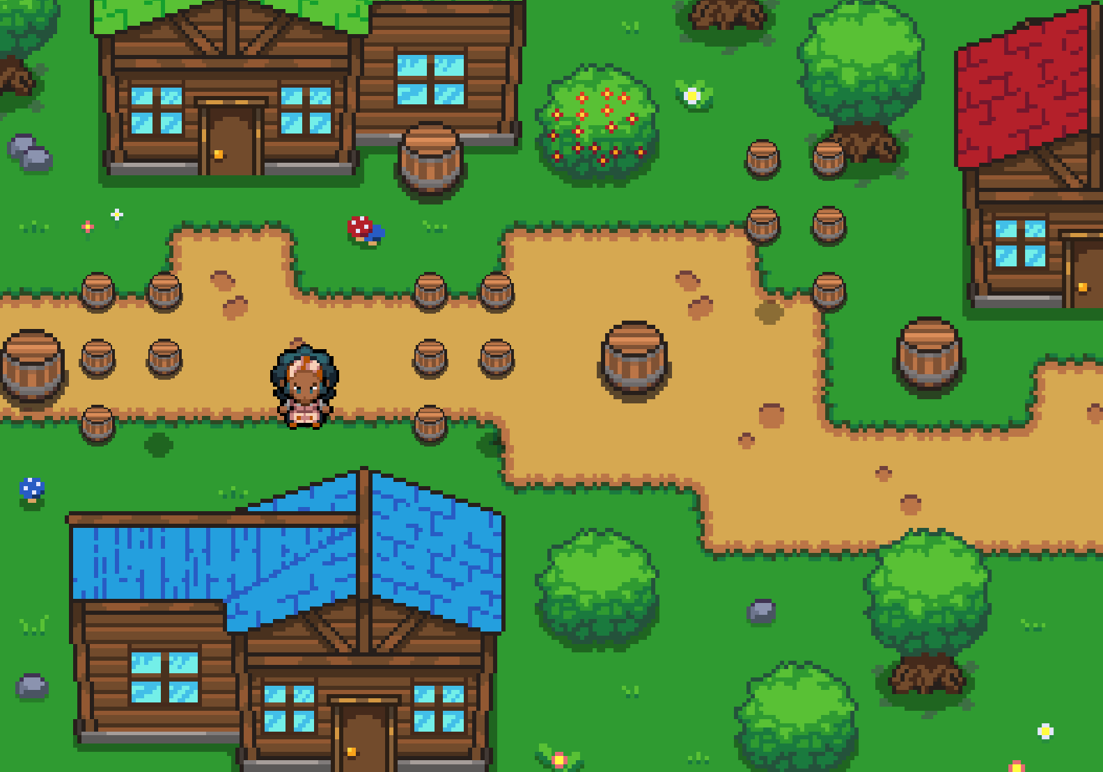 screenshot of a pixel town with lots of barrels in surprising places